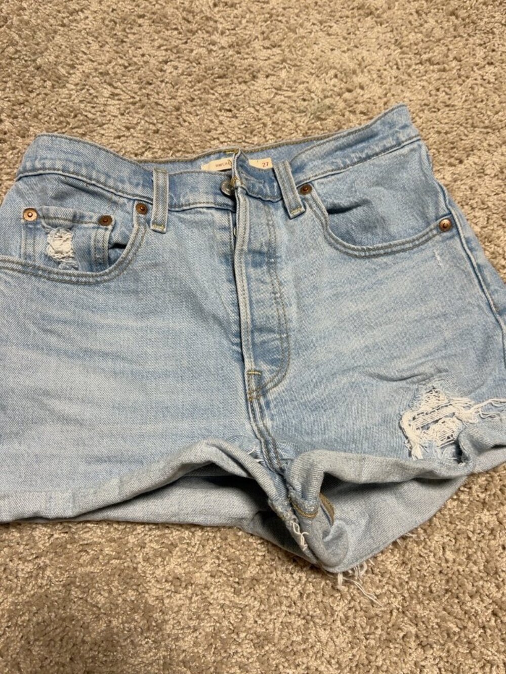 Levi's Ribcage High Rise Distressed Denim Shorts